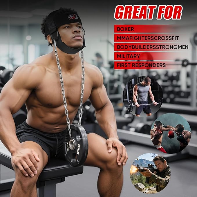 Fitness Neck Head Harness Trainer for Men and Women, Neck Exerciser with 29" Heavy Duty Steel Chain for Safely Lifting, Adjustable Neoprene Neck Exerciser for Weight Lifting, Home and Gym Use