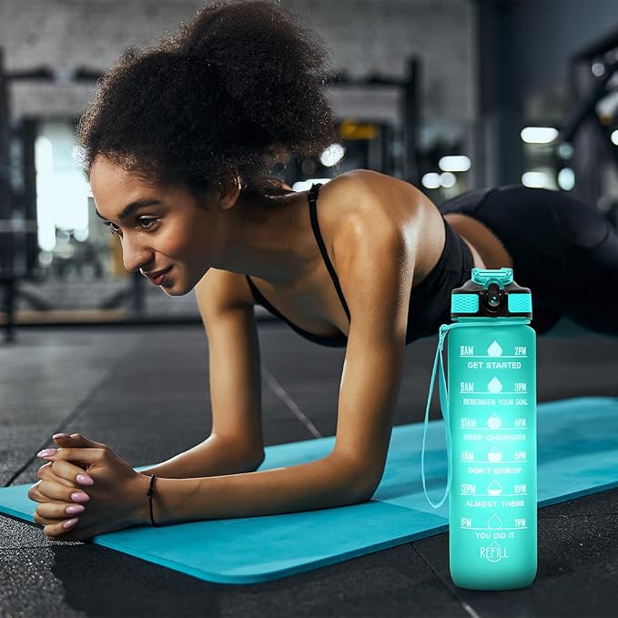 32 oz Water Bottles with Times to Drink and Straw, Motivational Water Bottle with Time Marker, Leakproof, BPA Free, Drinking Sports Water Bottle WIth Hand Strap for Fitness, Gym,Outdoor (green-1)