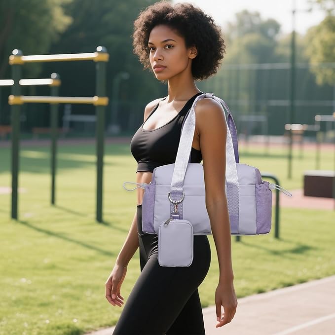 Everyday Mini Gym Bag for Women 2.0 Small Tote with Zipper Compartment Waterproof Travel Duffle Cute Handbag Workout Carry On with Removeable Shoulder Strap & Coin Wallet Easy to Clean-Lavender