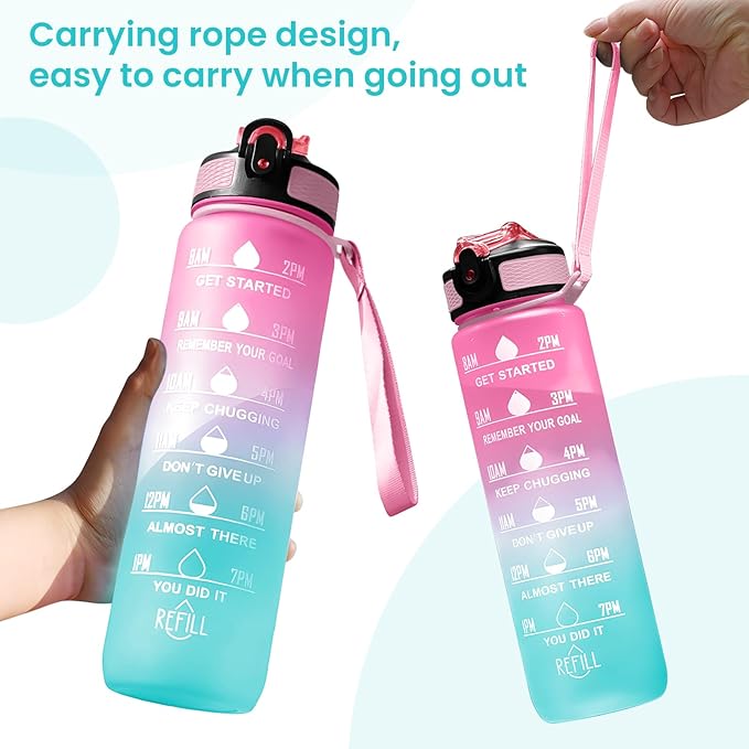 32 oz Motivational Water Bottle with Time Marker,Water Bottles with Times to Drink and Straw with Carrying Strap,Perfect For Fitness Gym Outdoor,BPA Free (Pink & Blue Gradient)