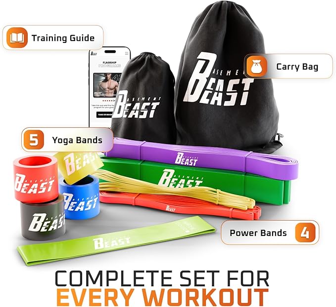basementbeast Resistance Bands for Men – Set of 10 - Long Exercise Bands Resistance for Home Workouts, Physical Therapy & Strength Training