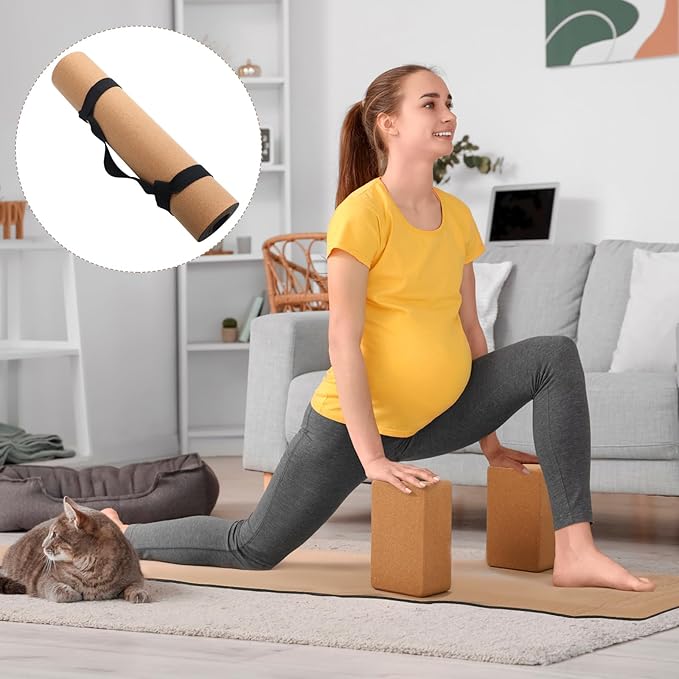 7 Pcs Cork All in One Yoga Essentials Kit Large Cork Yoga Mat and Blocks Set with Carry Strap and Alignment Lines 2 Pcs Massage Balls 10ft Stretch Strap for All Levels