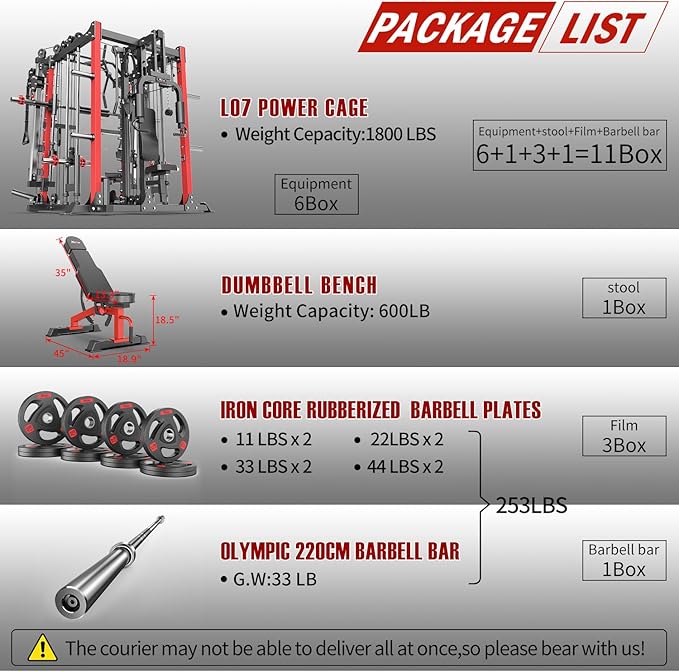 Smith Machine with Cable Crossover System, Multi-Function Squat Rack Power Cage for Home Gym, Power Rack and Packages Weight Sets