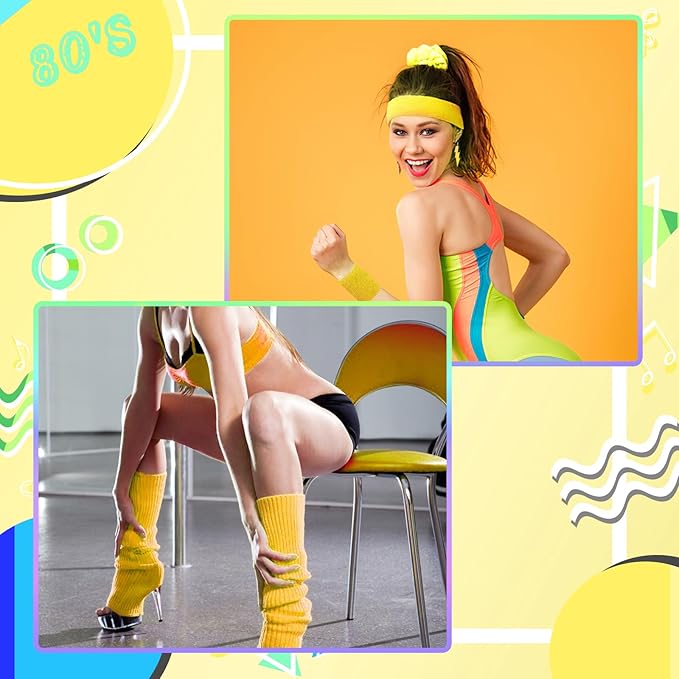 80s Neon Workout Costume Accessories Set 10 PCS Leg Warmers for Women 80s Headband Wristband Fanny Pack for Yoga Running