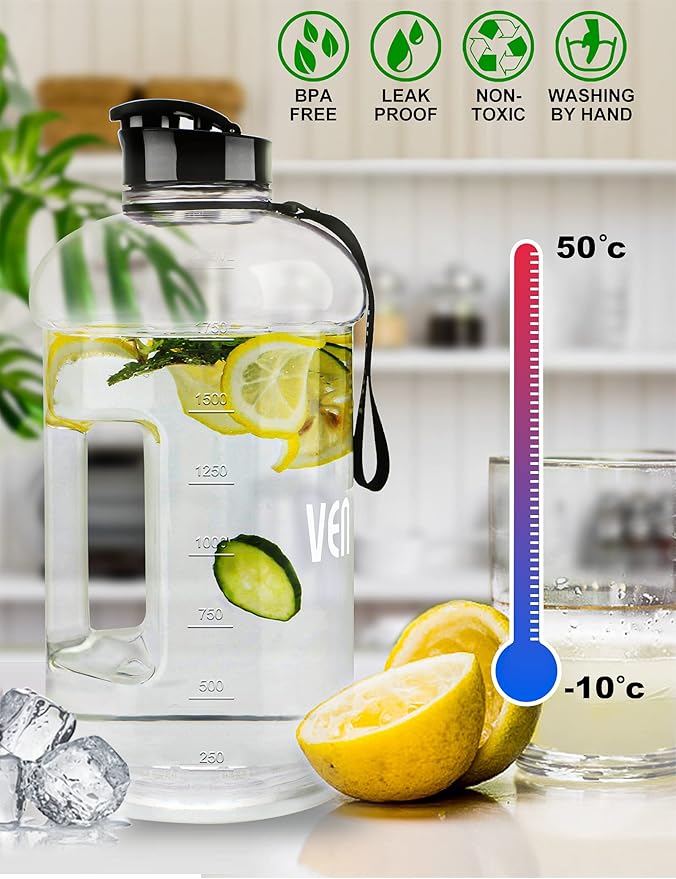 VENNERLI Portable Large Plastic Water Bottle - BPA-free Half Gallon Reusable 2 Liter Water Jug for Outdoor Hiking Fitness Travel Camping Cycling