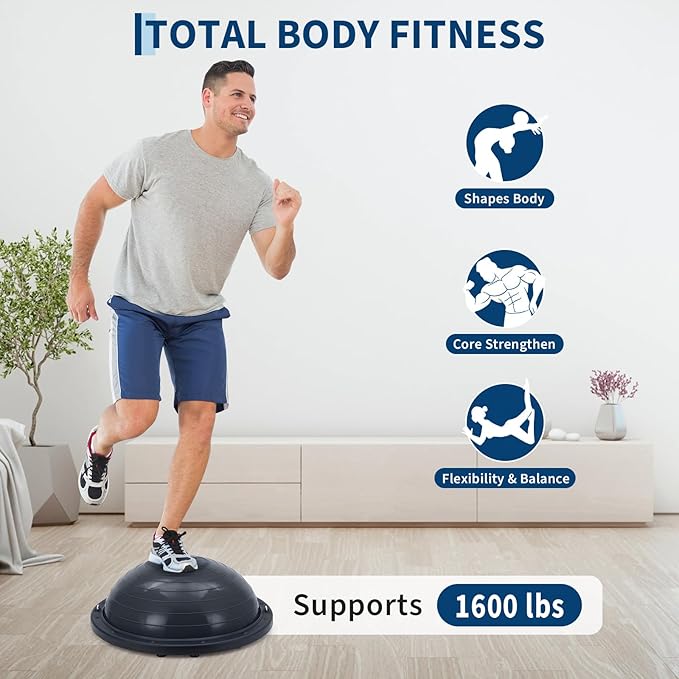 23 Inch Half Balance Ball, Anti-Slip with 1600LB Capacity, Stability Trainer for Core Strength, Includes Resistance Bands, Pump & Bonus Yoga Ball for Home Gym Fitness Workouts