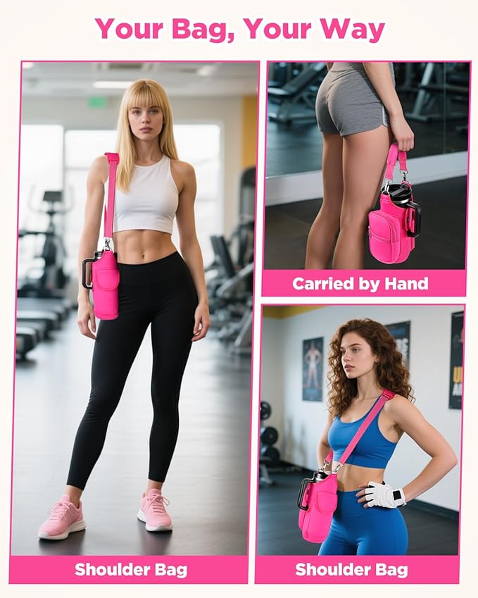 IPOW Magnetic Gym Bag Water Bottle Carrier Holder with Phone Pockets & Shoulder Strap for Men Women,Water Bottle Holder, Gym Pouch, Crossbody Bag for Travel, Sports, Work, Fitness - Rose Pink