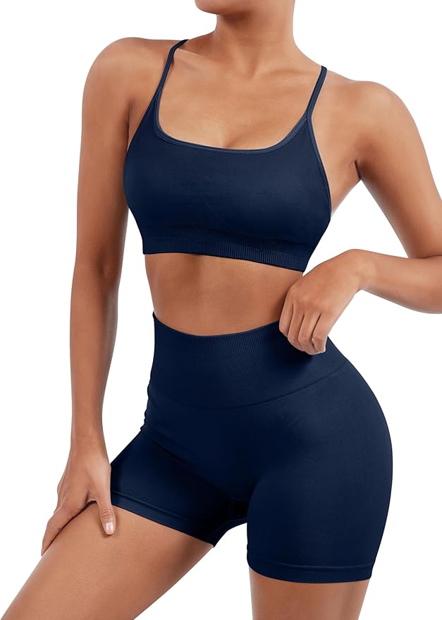 SUUKSESS Women Seamless Workout Sets Strappy Sports Bra High Waist Booty Shorts Outfits