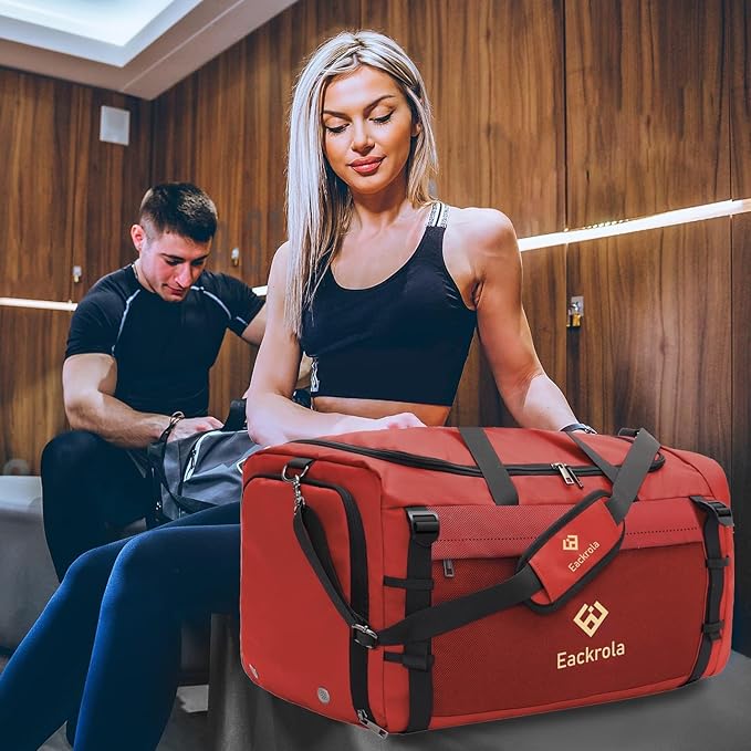 Eackrola Extra Large Sports Gym Bag, Travel Duffel bag with Wet Pocket & Shoes Compartment for men women, 85L, Lightweight (Red)