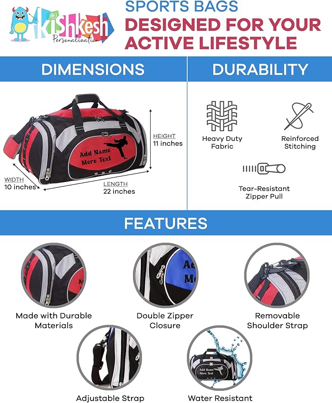 KishKesh Personalization Personalized Sports Duffel Bag With Custom Name & Text - Soccer Red 22" x 11" x 10" Polyester
