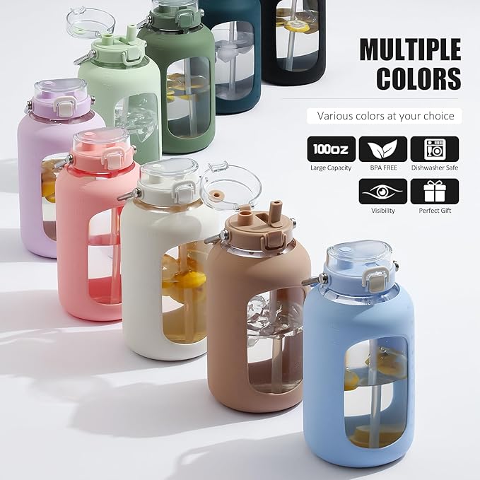 Large Glass Water Bottles with Stainless Steel Handle,100 oz Gallon Drinking Bottle with 2-in-1 Straw Lid,3 Liter Glass Water Jug with Silicone Sleeve,Wide Mouth,Light Green