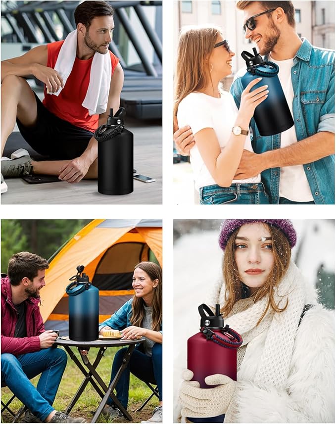 BENZZO 128 oz Insulated Water Bottle with Carrier Bag, 1 Gallon Metal Water Jug Keep Cold-48H Hot-24H, Giant Water Jug with Straw Lid & Spout Lid, Paracord Handle, Gallon Water Canteen for Work
