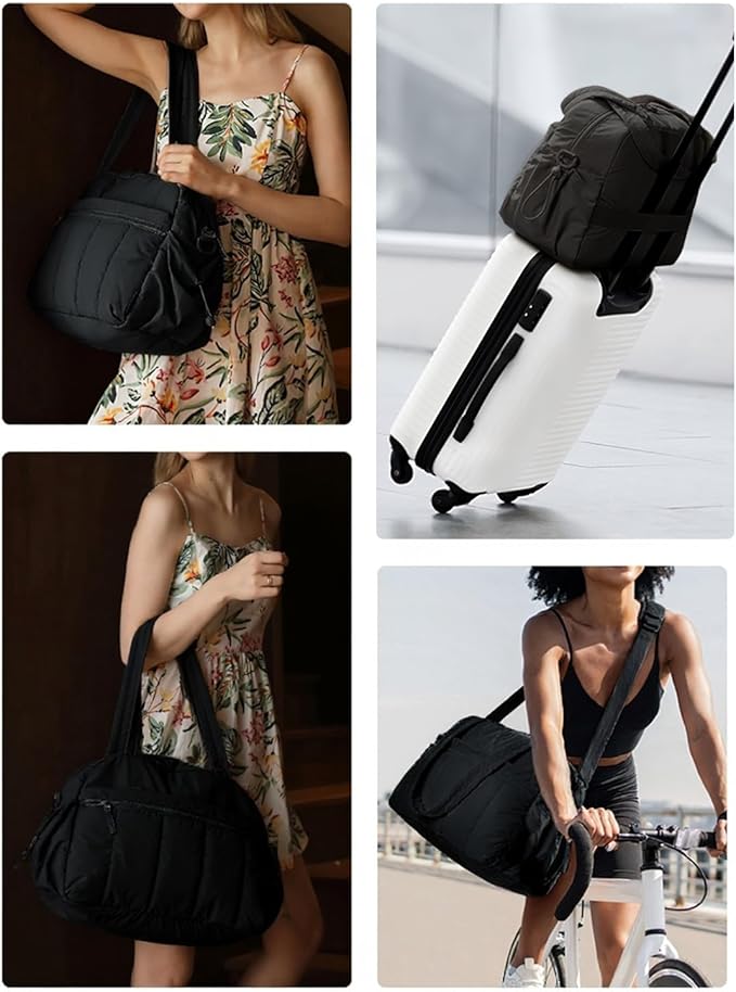 Travel Duffle Gym Bag for Women, Lightweight Puffer Carry on Weekender Bags with Wet Pocket Tote Yoga Workout Bag (Black)