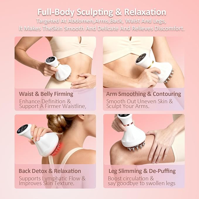 Lymphatic Drainage Massager & Anti Cellulite Massage Tool Helps Reduce Stretch Marks & Cellulite, Body Sculpting Machine For Legs, Arms & Belly with Microcurrent, Light, Heat & Vibration,With Body Oil