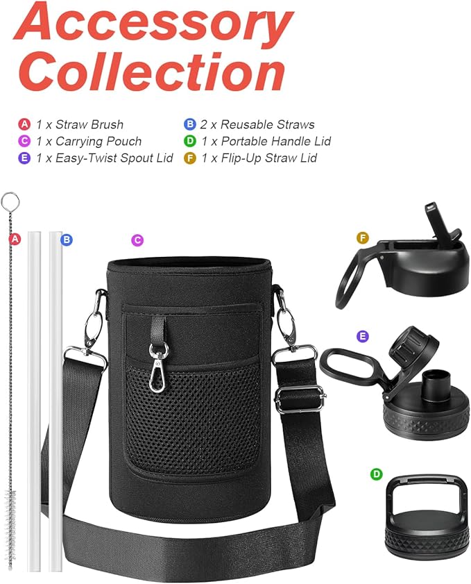 Coolflask Half Gallon Water Bottle Insulated with Straw & 3 Lids, 64 oz Water Jug Large Metal Stainless Steel Wide Mouth for Sports, Gym or Office, Non-BPA Keep Cold 48H Hot 24H, Purple Black
