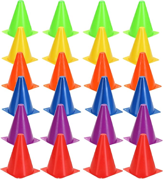 Training Plastic Traffic Cones Set - Indoor Outdoor and Festive Events Agility Cones,Sports Soccer Flexible Cone Sets,Sports Equipment for Kids (Multicolor,24 Pack,7 Inch)