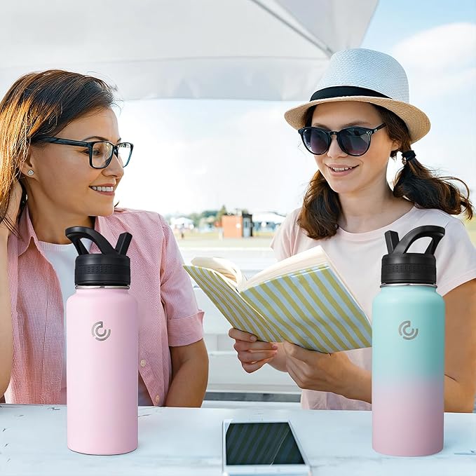 COKTIK 32oz Sports Water Bottle, Stainless Steel Water Bottle for Insulated, Reusable Travel Bottle, With Straw, With Handle Grip for Easy Carrying, Suitable for Cycling, Outdoor Vacations(Bubble Gum)