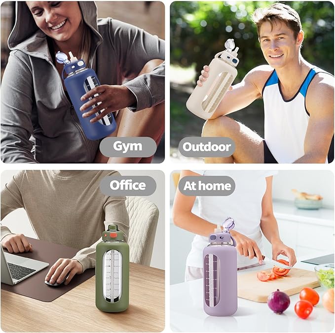 SIEROZUR 42 oz Glass Water Bottle with Straw and Handle Half Gallon Large Water Bottle with Silicone Sleeve and Time Marker Sports Water Jug Wide Mouth for Travel Gym
