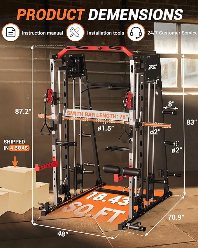 Smith Machines Home Gym with Bench, Squat Rack with Weight Bar, Dual LAT Pull-Down Systems & Cable Crossover Machine for Full-Body Workouts Training, Red & Black