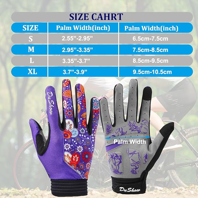 DuShow Bike Gloves for Women Cycling,Pink Floral Workout Gloves Women,Full Finger Biking Driving Riding Gloves for Women,Gel Padded Touch Screen Gym Gloves