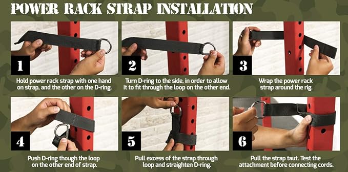 Squat Rack Straps - Heavy Duty Power Rack Straps Compatible with 4KOR Shoulder Exercise Cords - One Pair of Squat Rack Straps with Metal D-Rings - 4KOR Fitness