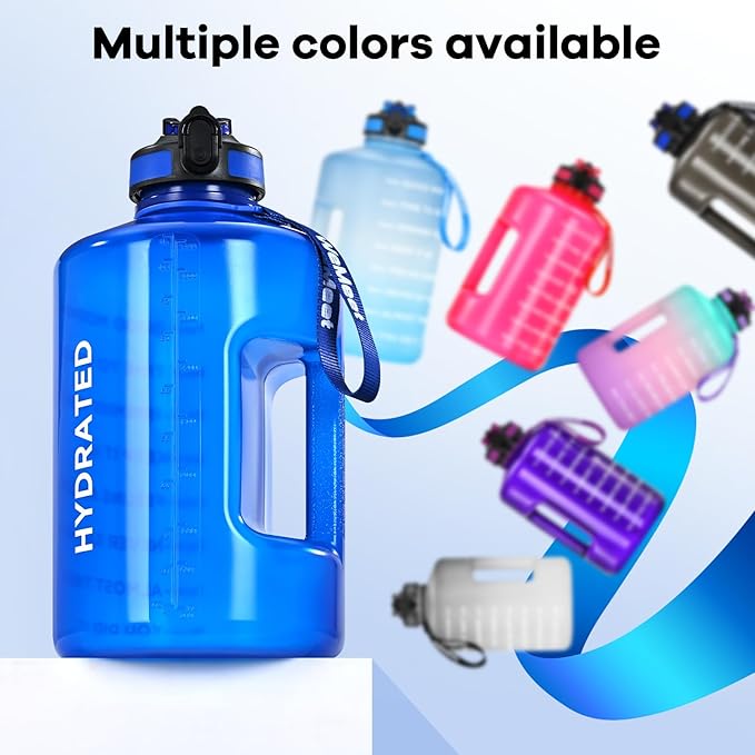 1 Gallon Water Bottle with Handle, 128oz LeakProof Reusable Gym Water Bottle with Capacity Scale, BPA Free, Ideal for Gym and Outdoor Life (Blue)