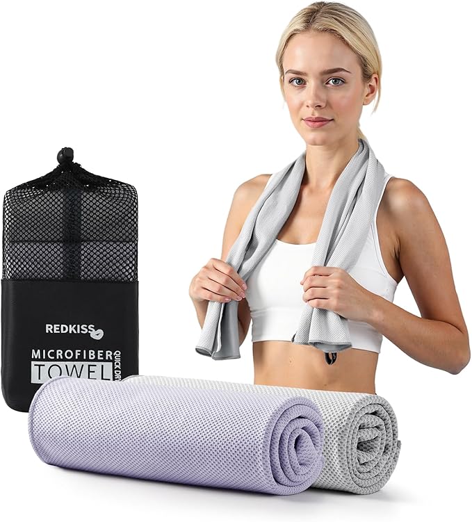 Cooling Towels for Neck and Face - 2 Pack Microfiber Gym Towels Set, 39" x 11" Microfiber Absorbent Towel for Sports Fitness, Yoga, Super Soft and Quick-Drying Gym Towels for Women Men,Grey Purple