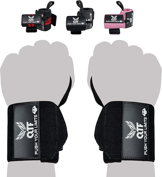QTF Wrist Wraps for Weightlifting,Powerlifting,12"Heavy-Duty Wrist Support with Thumb Loop. Perfect for Strength Training, Bodybuilding, Dumbbell Lifting, and Wrist support. Includes a free Shark Pad