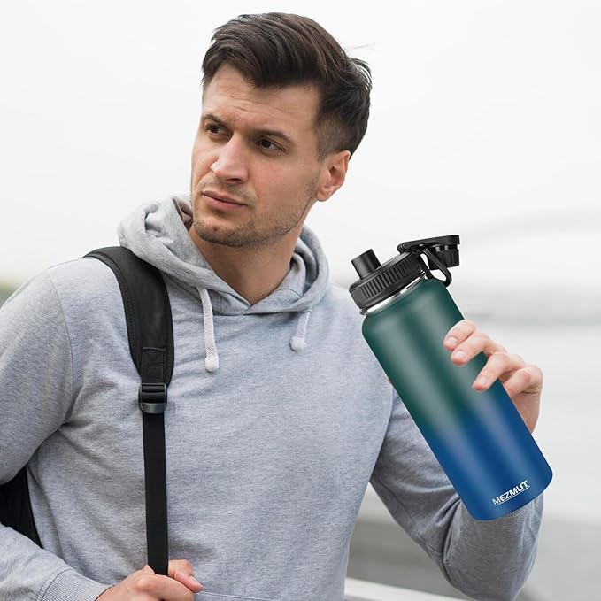 Insulated Water Bottle with Straw&2 Lids 40oz Stainless Steel Water Bottles Sports Metal Water Bottle Double Walled Vacuum Insulated Bottles Leak-Proof Travel Cup (Green Blue)
