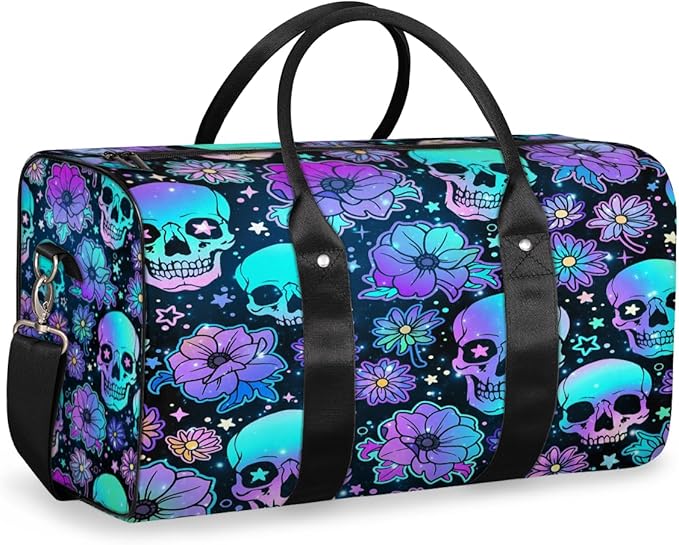 Travel Duffel Bag Skeleton Universe Flower Sport Tote Gym Bag Waterproof Foldable Carryon Weekend Overnight Training Handbag Sports Duffle Bags for Women Men Boys Girls