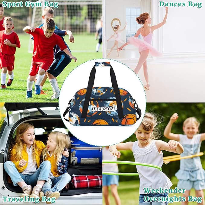 Personalized Boys Soccer Gym Duffel Bags for Kids with Custom Name Sport Training Travel Bags for Overnight Weekender, Dark Blue