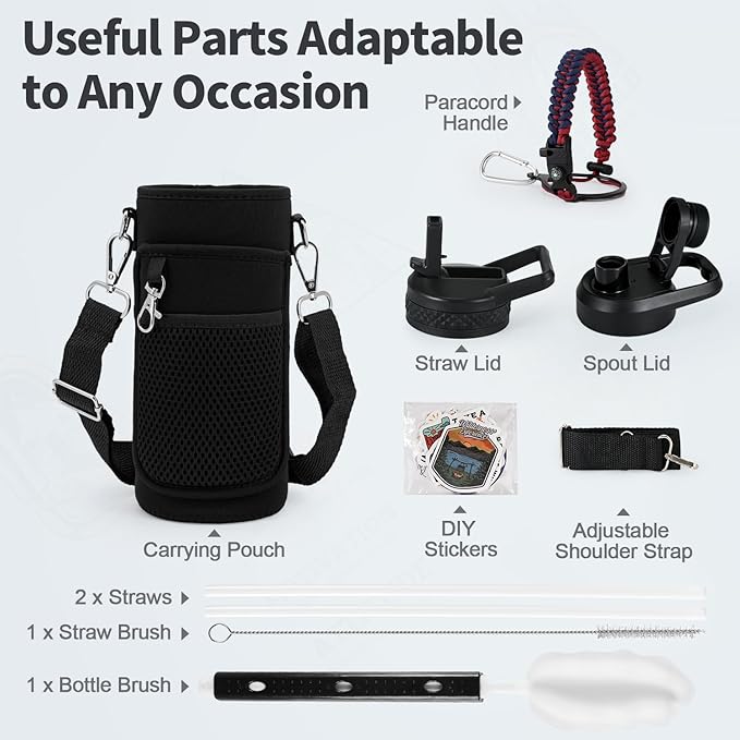 32 oz Insulated Water Bottle with Straw, Stainless Steel Triple Wall Vacuum Sports Water Jug, Leakproof Hydro Cup Flask with Paracord Handle & Straw Spout Lids & DIY Stickers