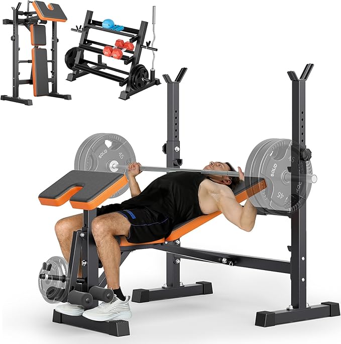 YOLEO 6 in 1 Weight Bench Set for Home Gym, Fast Folding& Adjustable Bench Press, Workout Bench with Rack/Leg Extension/Preacher Curl/Sit up (Vitality Orange Bench+H-frame Dumbbell Rack)
