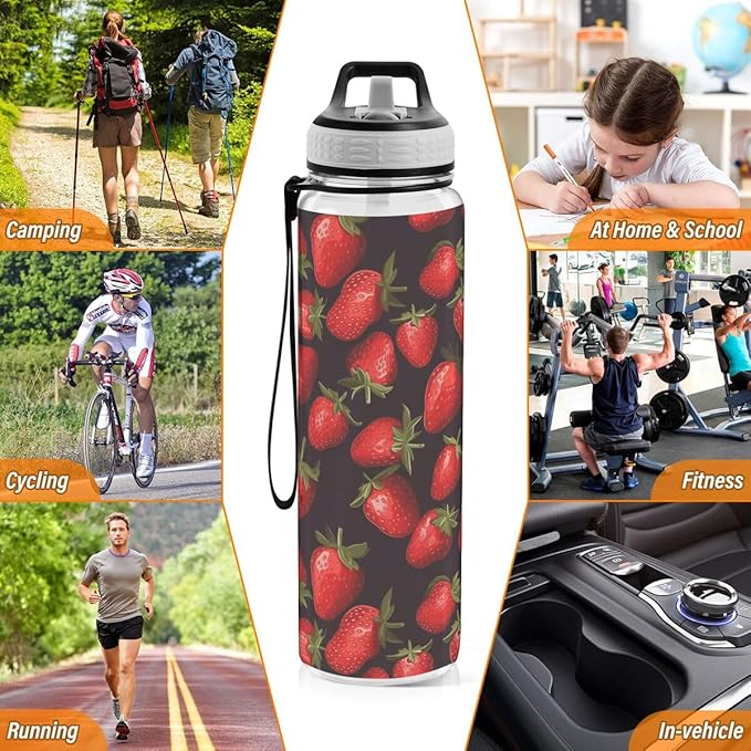 ALAZA Strawberry on Black Sports Water Bottle with Straw Tritan Drink Bottle 32 oz BPA Free Reusable for Travel Outdoor Fitness