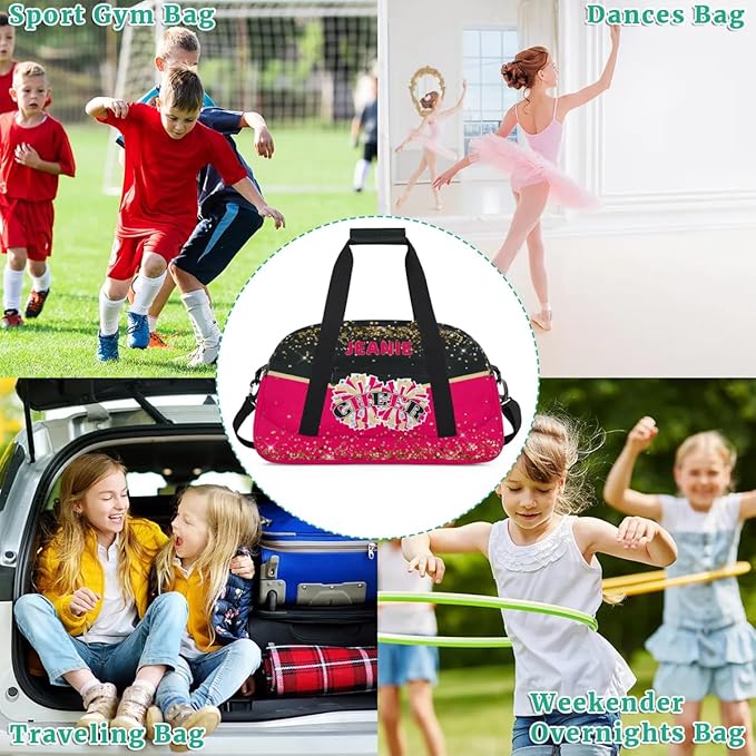 Personalized Cheer Gym Bags for Girls Kids Cheerleaders with Custom Name Sport Dance Perform Training Duffel Bags for Overnight Weekender Travel Black Red
