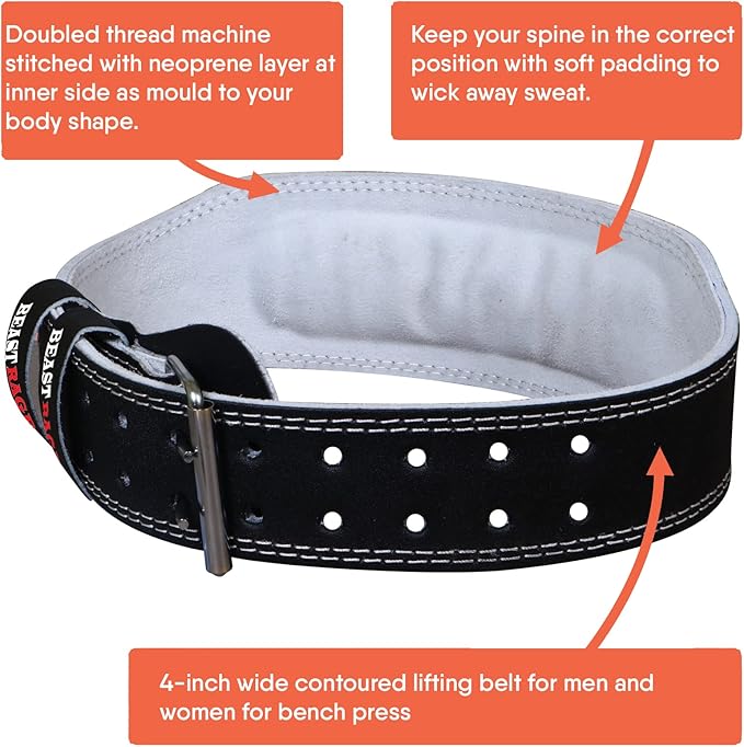 BEAST RAGE Weight Lifting Belt Leather Heavy Duty Gym Body Building Workout Training Weight Lifting Belt Adjustable Holes 4” Padded Lumbar Back Support Exercise Powerlifting Fitness Strength