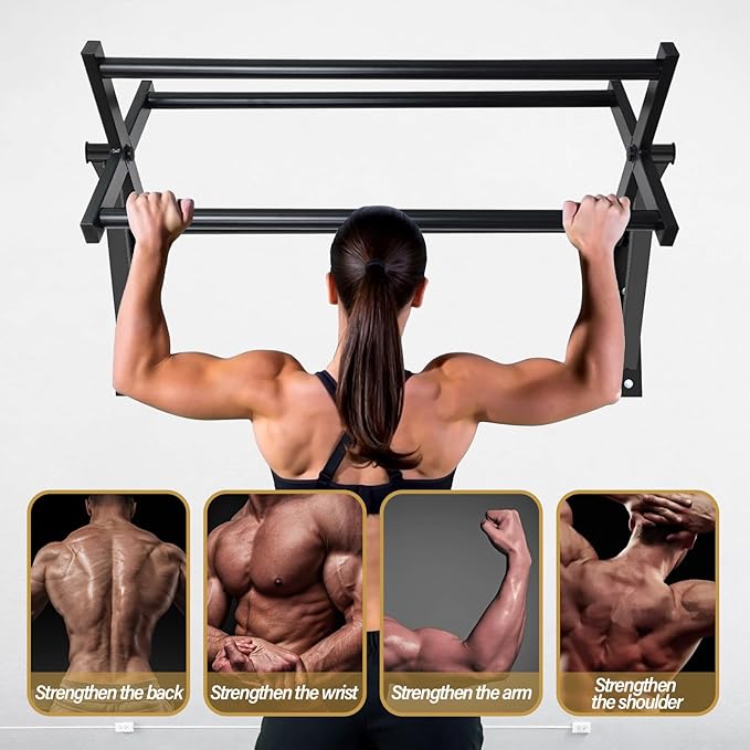 BDL Wall Mounted Pull Up Bar Chin Up bar Multifunctional Dip Station for Indoor Home Gym Workout, Power Tower Set Training Equipment Fitness Dip Stand Supports to 440 Lbs