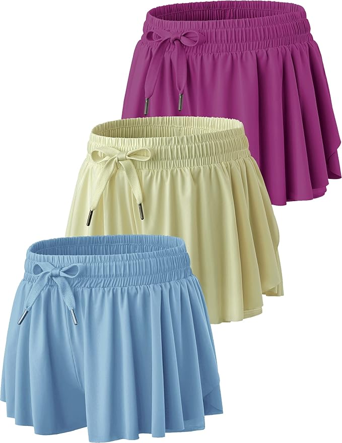3 Pack Girls Flowy Shorts with Spandex Liner 2-in-1 Youth Butterfly Skirts for Fitness, Running, Sports