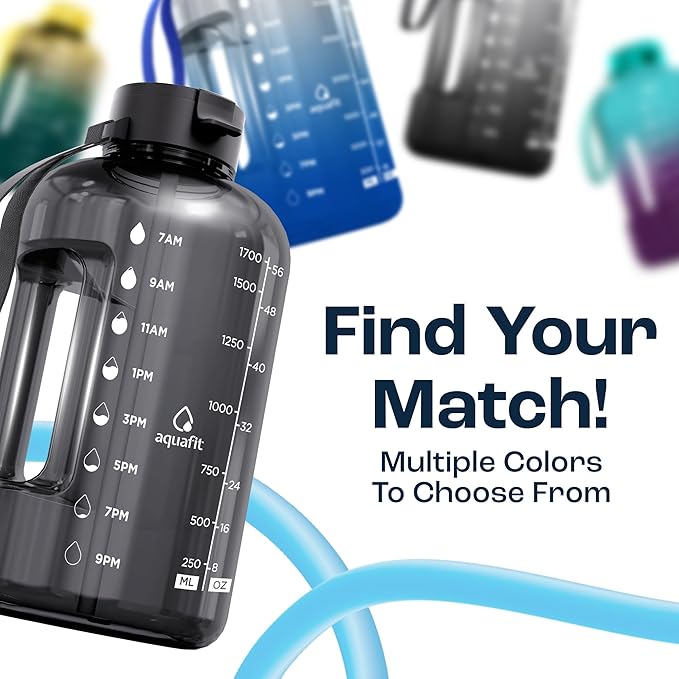AQUAFIT 64 oz Water Bottle with Time Marker - Straw & Chug Lid - BPA Free Half Gallon Gym Water Bottle with Handle - Big Gallon Jug (Gun Gray, 64 Ounces)