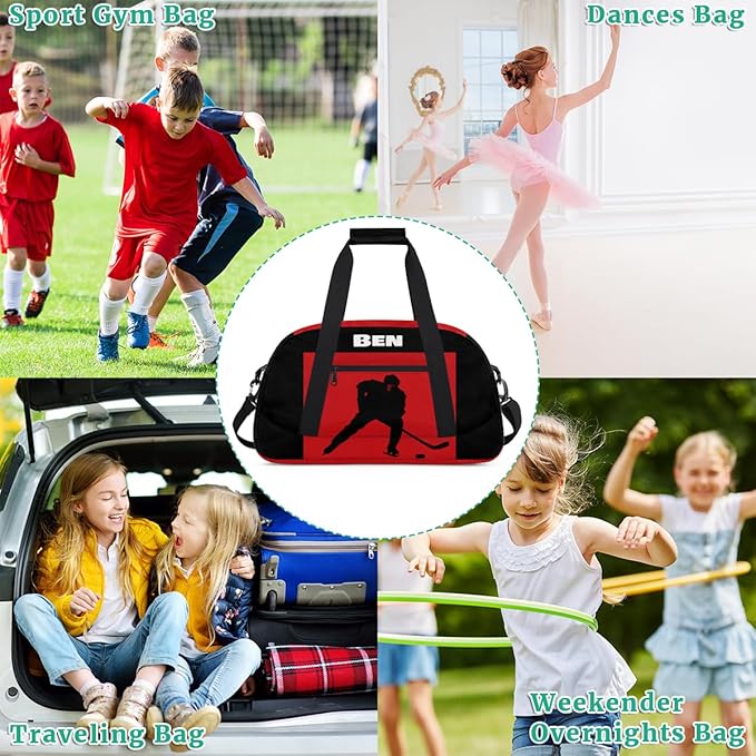Personalized Sports Gym Bag Boys, Custom Large Sport Duffel Bag Weekender Baseball Football Basketball Bag Travel Training Bag, Ice Hockey Black Red Background
