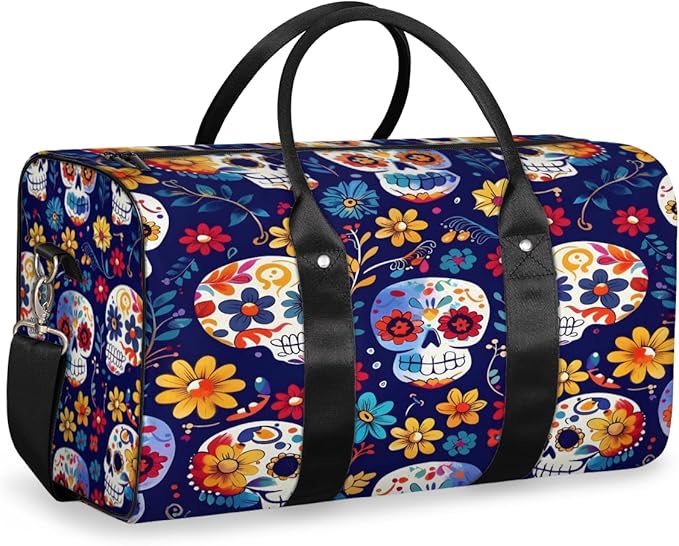 Travel Duffel Bag Skull Flower Colorful Sport Tote Gym Bag Waterproof Foldable Carryon Weekend Overnight Training Handbag Sports Duffle Bags for Women Men Boys Girls