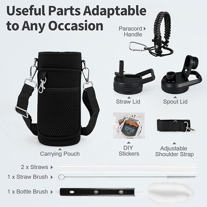 32 oz Insulated Water Bottle with Straw, Stainless Steel Triple Wall Vacuum Sports Water Jug, Leakproof Hydro Cup Flask with Paracord Handle & Straw Spout Lids & DIY Stickers