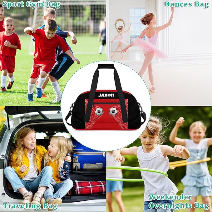 Personalized Sports Duffel Bags Name Boys, Custom Gym Weekender Overnight Sleepover Bag Waterproof Training Duffel Bag for Travel, Black Red Soccer