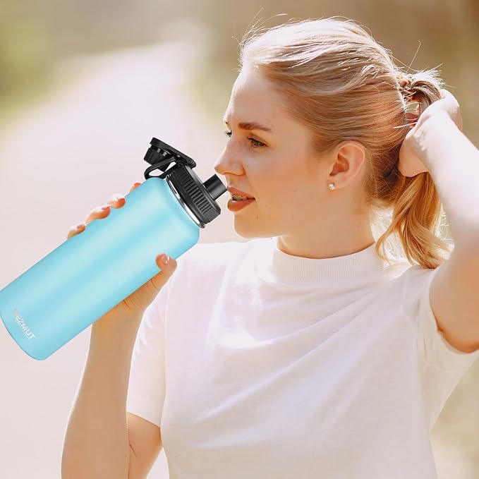 Insulated Water Bottle with Straw&2 Lids 40oz Stainless Steel Water Bottles Sports Metal Water Bottle Double Walled Vacuum Insulated Bottles Cups Leak-Proof Travel Cup (Blue)