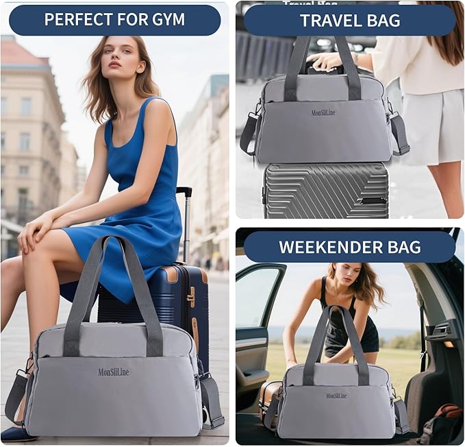 Gym Bag for Women Men with Shoe Compartment, Waterproof Small Duffle Bag for Travel, Sports, Weekend Lightweight Carry On Tote Bag(Gray)