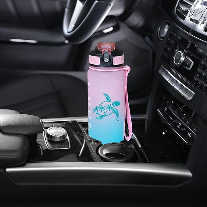 Sea Turtle Water Bottle with Straw, LeakProof, Carry Strap, BPA Free, 32 Oz Motivational Sport Water Bottle with Time Marker to Drink, Ideal for Gym Fitness Outdoor