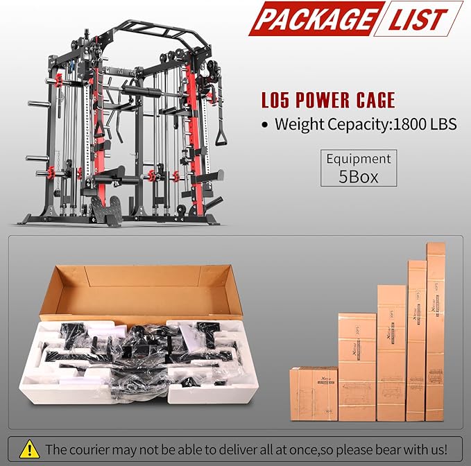 Smith Machine with Cable Crossover System, Multi-Function Squat Rack Power Cage for Home Gym, Power Rack and Packages Weight Sets