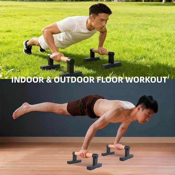 1 Pair Wooden Parallettes Push Up Bars for Men, Strength Training Pushup Stands Handles for Home Calisthenics, Fitness, Floor Workouts Bars Solid Wood with Metal Bracket - Support 600 lbs