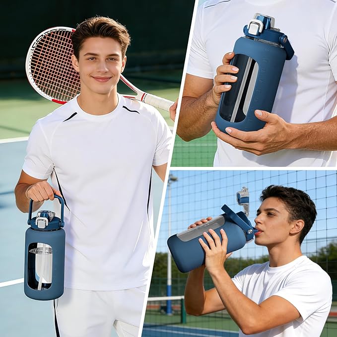 72oz Glass Water Bottle with 2-IN-1 Straw &Chug Lid, Large Motivational Glass Bottle with Capacity Marker and Silicone Sleeve, 2.1Liter Gallon Water Jug for Home, Sports, Gym, BPA Free-Blue