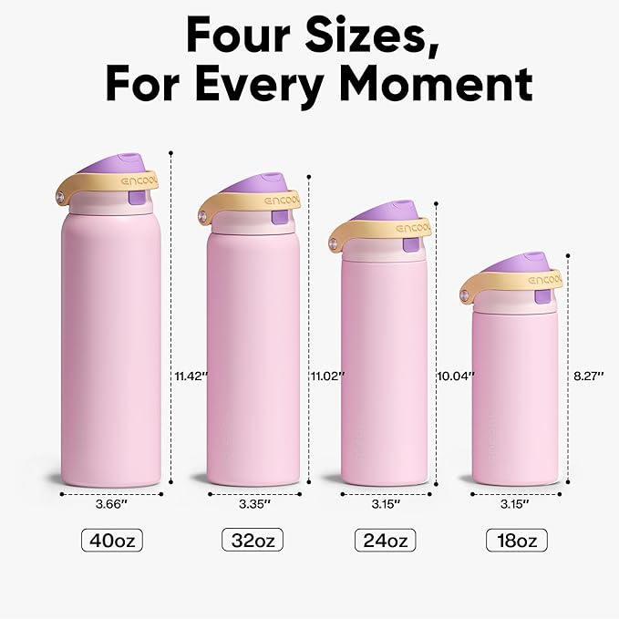 ENCOOL Leakproof Insulated Water Bottle with Straw Dual-Sip Water Bottle Bag-Safe Design for Work, Commute & Gym – Keeps Drinks Cold All Day, 24 oz, Peach Purple